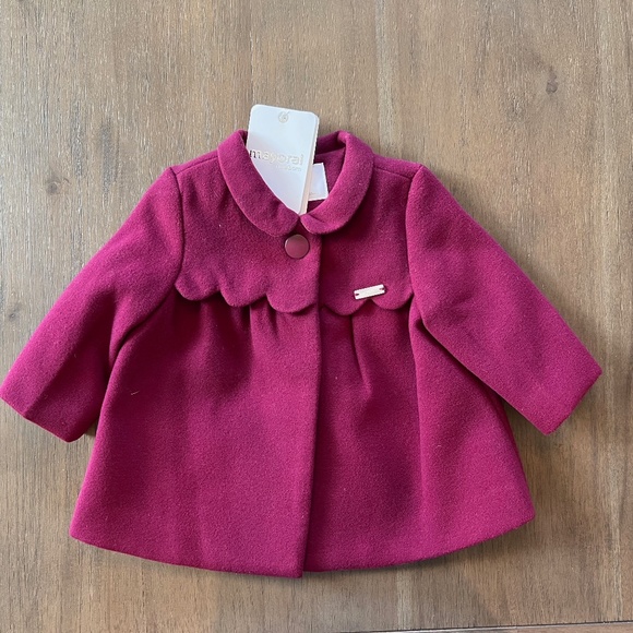 New Infant Baby Girl Scallop Front Cranberry Winter Coat - Picture 2 of 4